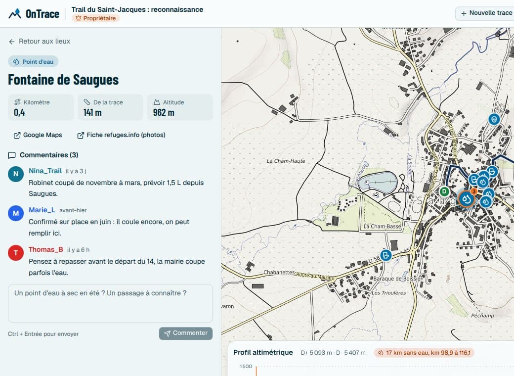 Capture d’OnTrace, la fiche d’une fontaine avec les commentaires de l’équipe.