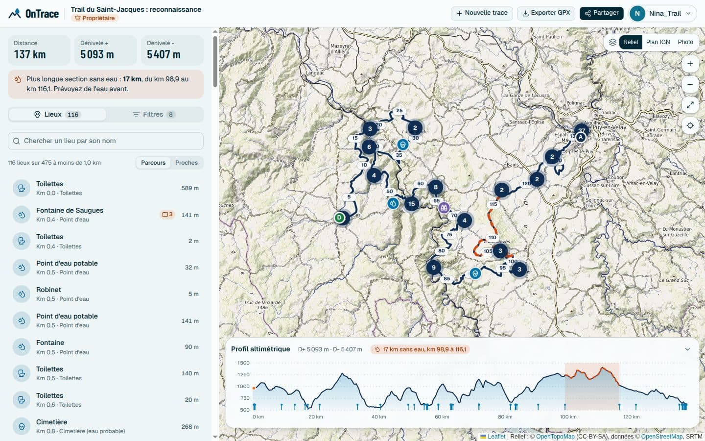 Capture d’OnTrace, une trace de 137 km sur la carte, avec la liste des lieux et le profil altimétrique.